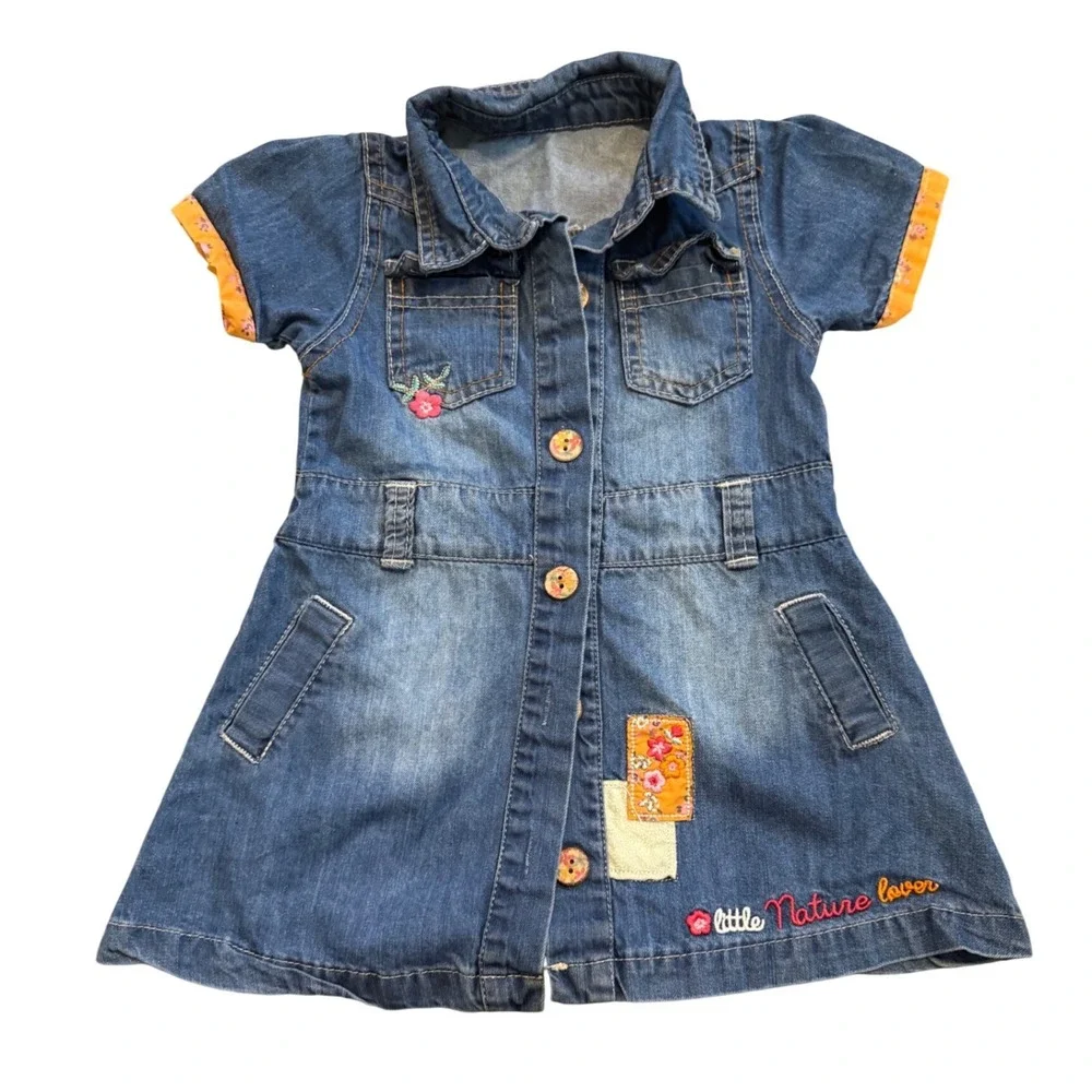 Overdo World of Kids Girls Blue Denim Floral Embroidered Button‎ Front Dress 2